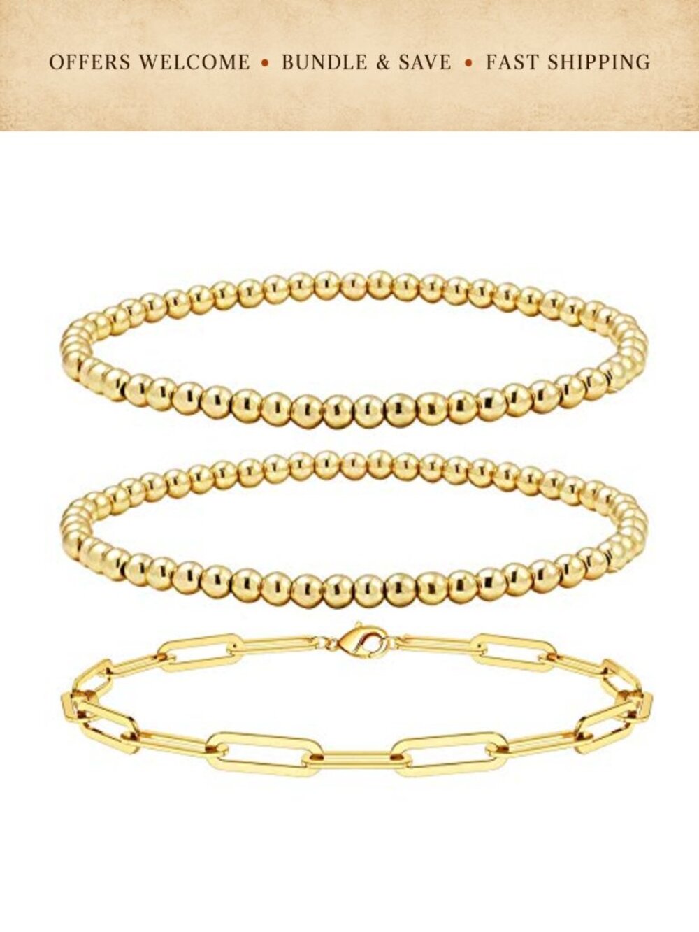 18K Real Gold Plated Stackable Bead Ball Chain Link Bracelets Set